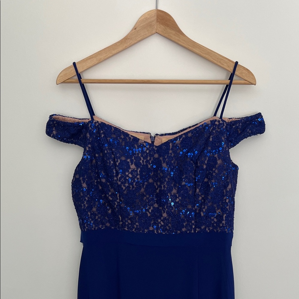 morgan & co. blue off-the-shoulder evening dress, size 11